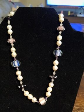 Sterling Elegant Pearl and Glass Bead Necklace — Cream and Blue